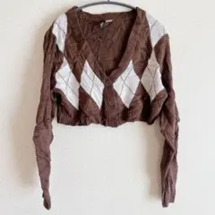 オススメ★ ニットカーディガン ダイヤモンド柄 ブラウン クロップド丈