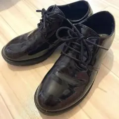 エナメル　ショートブーツ　厚底　ブーティ　レースアップシューズ　ブラック
