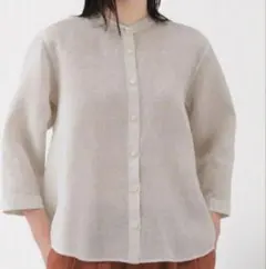 無印良品　婦人リネン洗いざらし七分袖ブラウス　ライトグレーストライプXXL