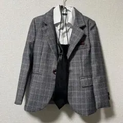 キッズスーツ 90 入園式 卒園式 フォーマルスーツ グレー系チェック6点セット