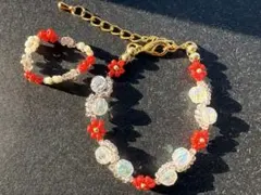 ハンドメイド ビーズ ブレスレット リング セット 029