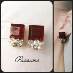 【一点物】クリアブラウンスクエア＆パールビジュー ピアス/イヤリング