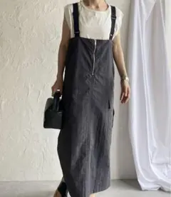 フロントジップハイウエストロングミリタリージャンパースカートワンピース