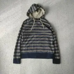 オールドユニクロ ボーダー ジップパーカー ネイビー×ベージュ フリース 4