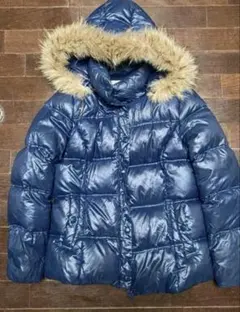 ネイビー ファー付きダウン　y2k 平成ギャル お兄系 光沢 グランジ 青