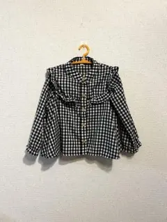チェック　モノクロ　フリル　ブラウス　100
