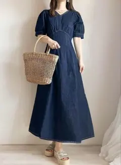 Vネックタックデニムフレアワンピース[on160]