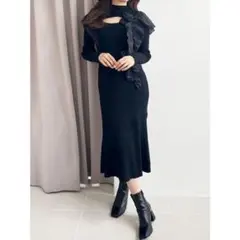 MERCURYDUO 異素材コサージュニットワンピース ブラック