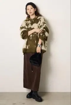 ［SET］モヘアタッチマーブルニット+ロープベルト付きスウェード調スカート