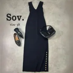 Sov. 深Vネック ニットロングワンピース ブラック 38 S〜M相当
