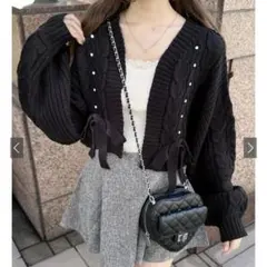 GRL　ケーブル編みビジューリボンニットカーディガン　ブラック