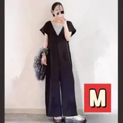 オールインワン レディース サロペット ワイドパンツ Vネック 体型カバー