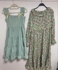 ノースリーブワンピース•長袖ワンピース2点セット（ミントグリーン・花柄）