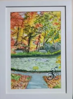 #1669 「秋の北海道大学構内」A5額縁入り、水彩画、原画、風景画、絵画