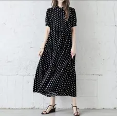 なこ様専用　美品　水玉 半袖 ティアードワンピース　黒　ゆったり　M