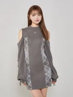 ダーリッチ サイドチェックニットミニワンピース グレー FREE