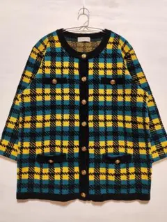 昭和レトロ カーディガン チェック柄 ニット 金ボタン 日本製 厚手 毛70%