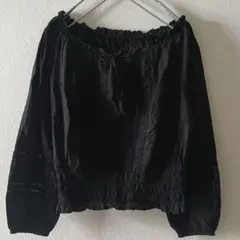 【セポ】オフショルダーブラウス 長袖 シャーリング 透かし編み 綿100 黒 M