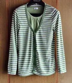 緑のストライプ長袖カーディガン・タンクトップ2点セット