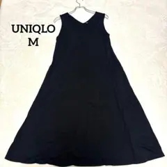 ユニクロ　カットソーワンピース　ノースリーブ　Aライン　Vネック　上品　黒　M