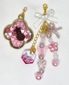 リボンチャーム・ビーズストラップ・デコチャーム・スイーツ・ハンドメイド・ピンク