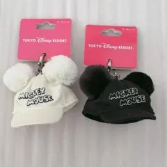 ミッキーマウス ポンポンキャップキーチェーン 白 黒