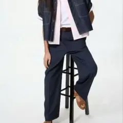 【股下64cm】ユニクロ タックワイドパンツ L ネイビーストライプ