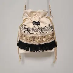 インド刺繍リボン巾着バック ホワイト×ゴールド①