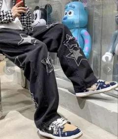 [匿名配送] A'GEM/9×.kom 星柄デザインルーズシルエットデニムパンツ