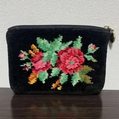 FEILER フラワー刺繍 ブラック ポーチ 約16x11cm