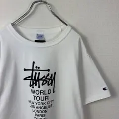 STUSSY × Champion　Tシャツ　XL　白　刺繍　ワールドツアー.