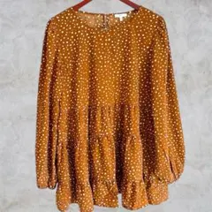 JODIFL【L】ドット柄 ティアード チュニック ブラウス 茶 体型カバー