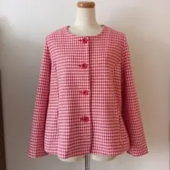 タルボット 綿 赤白ギンガムチェック ノーカラージャケット XL 美品のサムネイル