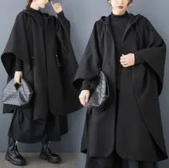新品 大きいサイズ ゆったり ケープコート ポンチョ フード 黒 秋冬　ｂ