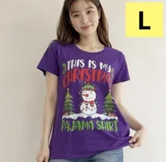 クリスマス パジャマシャツ 半袖 Tシャツ 紫　パープル　雪だるま　Lのサムネイル