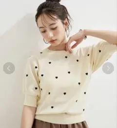 VIS リネンタッチハート刺繍半袖ニットプルオーバー