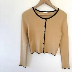 【GUジーユー】リブバイカラーカーディガン（長袖）　M　ベージュ×ブラック