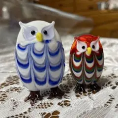 置物　ガラス製フクロウ2点セット