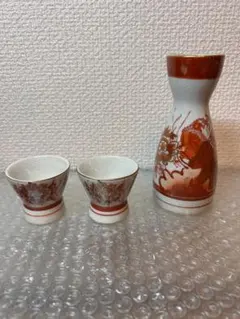 陶器製お猪口2個と徳利セット九谷焼