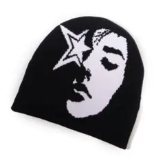 スター×フェイス柄 ニット帽 モノトーン ストリート・韓国ファッション 90s