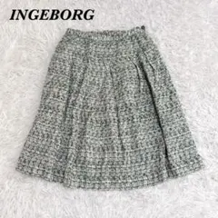 【美品】 INGEBORG ウエストゴムツイードひざ丈スカート 9 グリーンのサムネイル