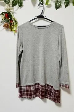 美品！秋冬用切り替えグレー チェック柄 柔らかいロング長袖トップス、LL