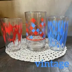 昭和レトロポップ︎✦︎ヴィンテージ︎✦︎青 赤︎✦︎四角 幾何学柄︎✦︎コップ︎✦︎グラス︎✦︎3個
