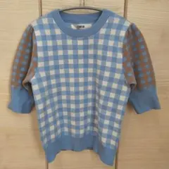 FURFURチェック柄 半袖ニット 水色/茶色