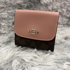 COACH コーチ 三つ折り財布 ピンク ブラウン レザー PVC シグネチャー