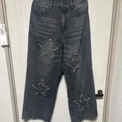 ダークグレー ワイドレッグデニム 星型ダメージ ナード系 y2k swag