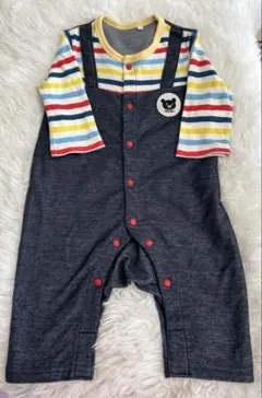 ストライプオーバーオールロンパース 60-70cm ミキハウス風　デニム風