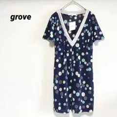 【新品】grove チュニックワンピース　レトロ　ドット　ネイビー　Mのサムネイル