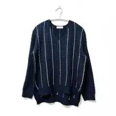 OFUON オフオン【L】秋冬ニット ネイビー ストライプ Vネック ゆったり