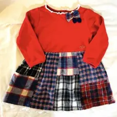【美品】ミキハウス 赤チェック柄 長袖ワンピース　100